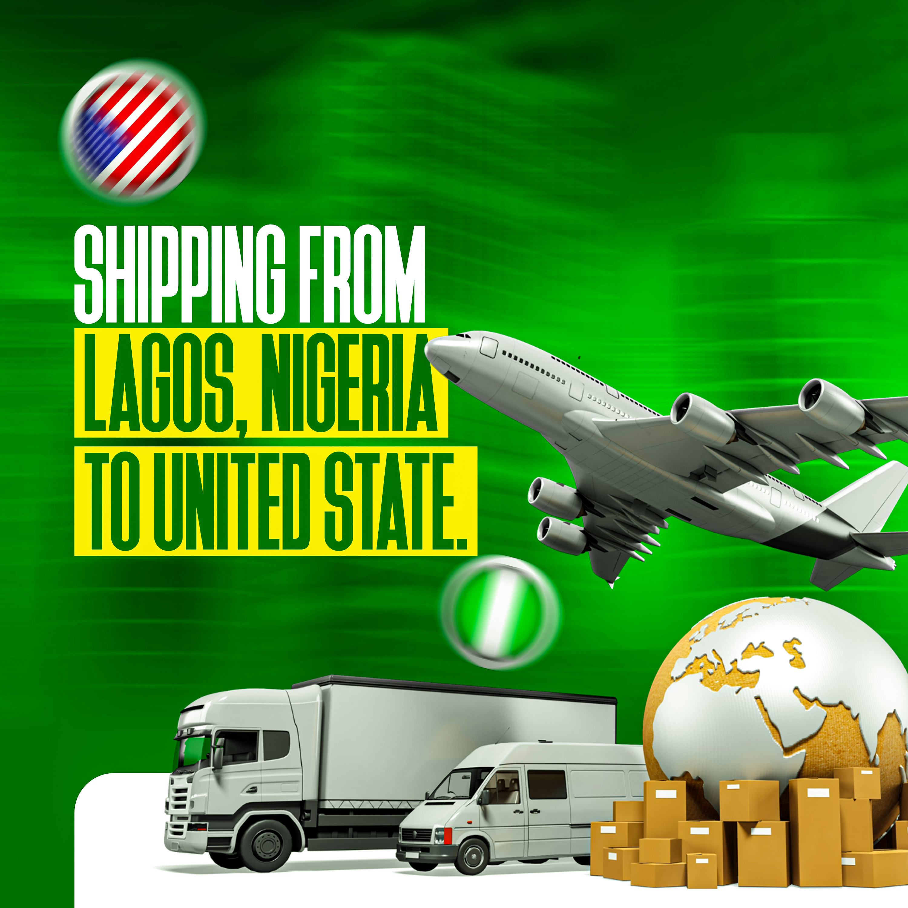 Image showing airplane, trucks, and globe – shipping from Lagos Nigeria to USA and export from Nigeria to USA made easy