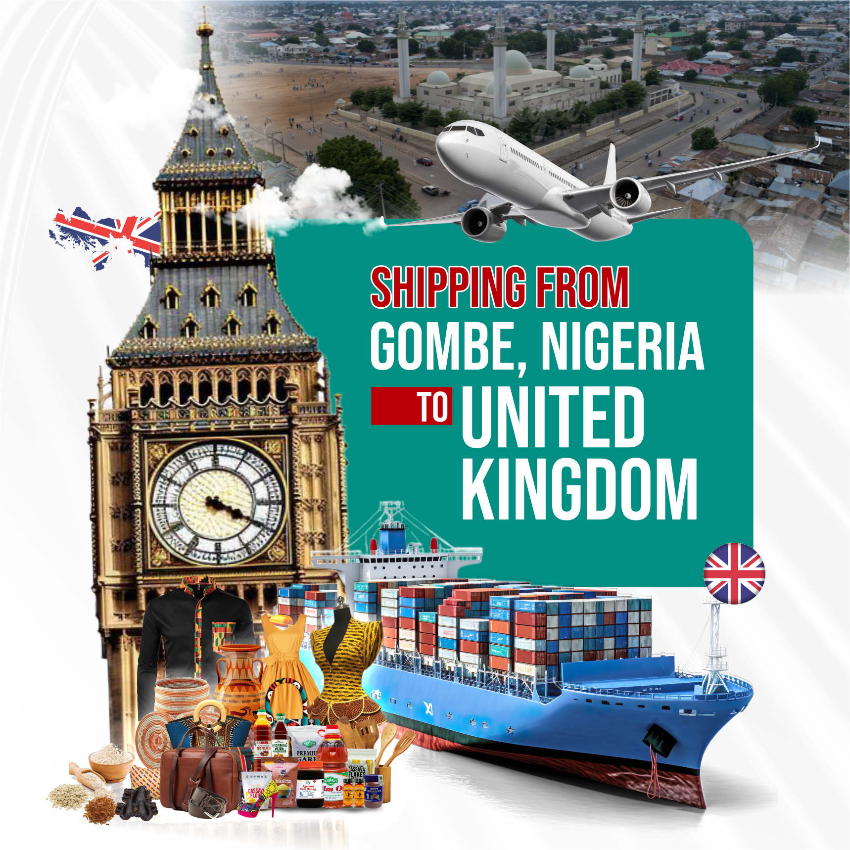 International shipping from Gombe, Nigeria to UK with air freight, sea cargo, and export goods