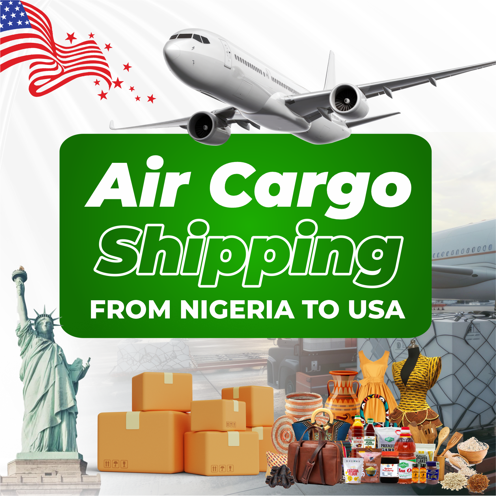 Air cargo shipping service from Nigeria to USA with packages, African goods, and Airplane in background