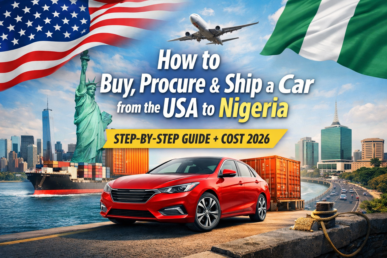 _Step-by-step guide visual showing how to Ship a Car from USA to Nigeria, featuring a red car, cargo ship, containers, and cityscapes representing USA to Nigeria car import and shipping process_