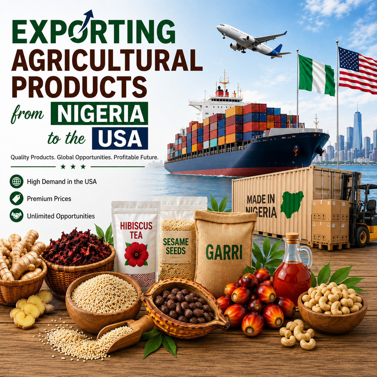 _Exporting Agricultural Products from Nigeria to the USA banner featuring Nigerian export products including ginger, hibiscus, sesame seeds, garri, palm oil, cocoa, and cashew nuts displayed in the foreground. The image also shows a cargo ship, cargo plane, shipping container, forklift, and Nigerian and American flags, representing international agricultural trade, export logistics, and the growing market for Nigerian agricultural products in the United States._