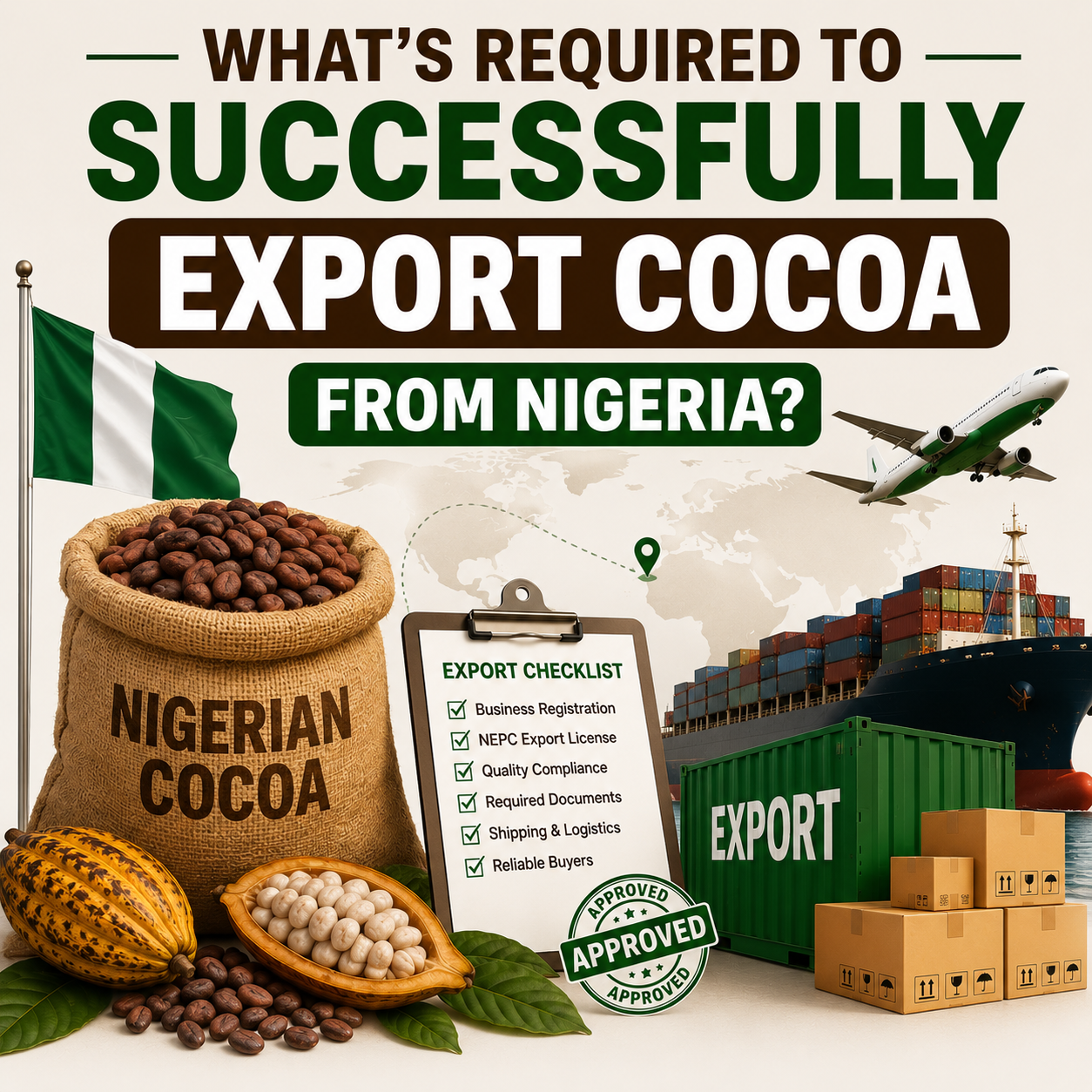 _banner featuring premium Nigerian cocoa beans, cocoa pods, cargo ship, export container, aircraft, global trade elements, shipping boxes, and export logistics visuals. The image represents the key requirements to Export Cocoa From Nigeria, including quality cocoa sourcing, international trade, export compliance, shipping, and global market access._