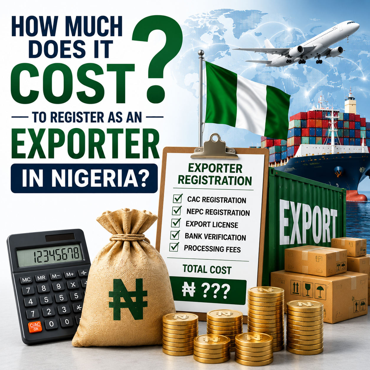 _How Much Does It Cost to Register as an Exporter in Nigeria? banner featuring a calculator, exporter registration checklist, Nigerian flag, export container, cargo ship, airplane, stacked coins, naira money bag, and export cartons representing export registration costs, licensing requirements, startup expenses, international trade opportunities, and business growth._