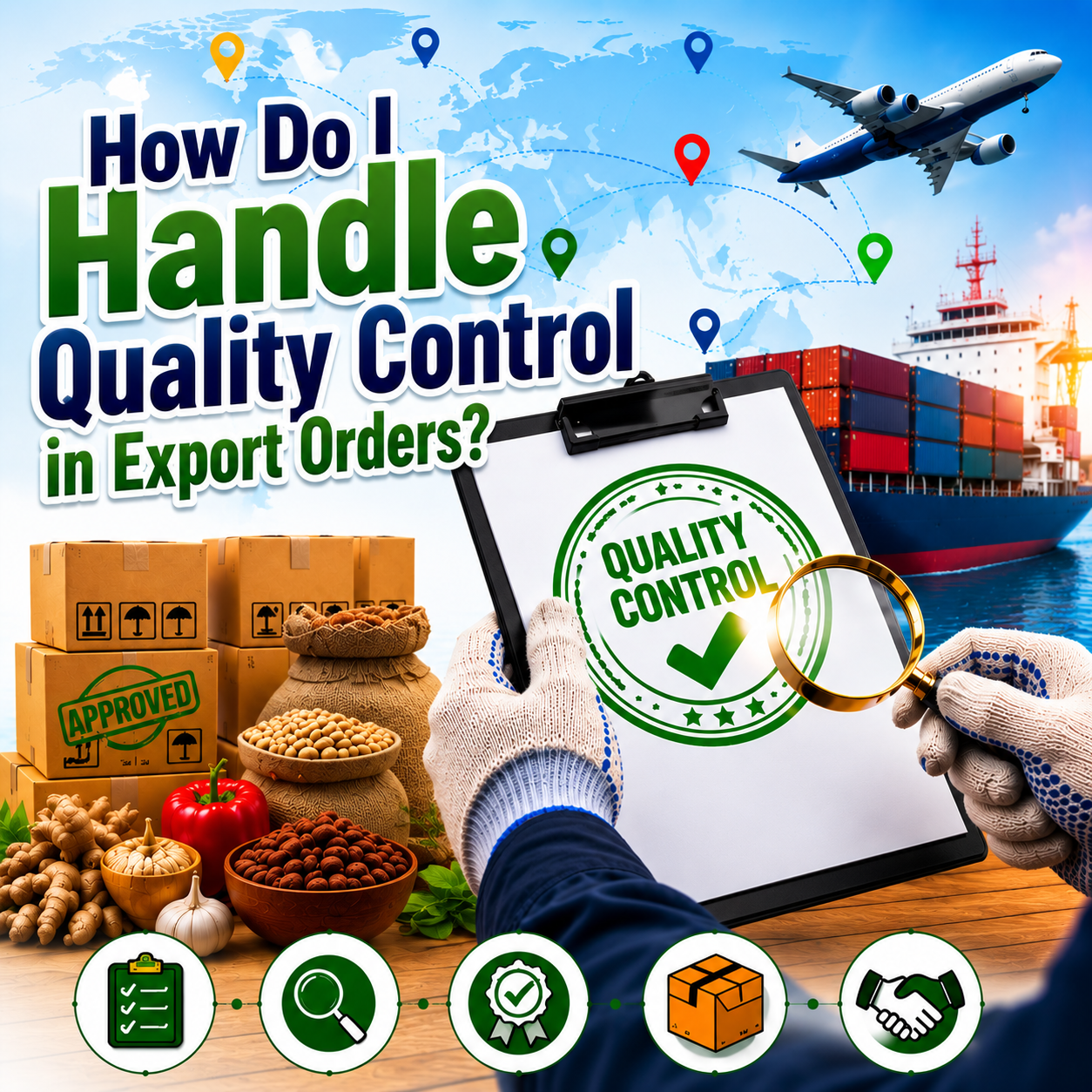 _banner featuring a quality control checklist, inspection tools, approved quality seal, packaging boxes, export container, globe, logistics background, and compliance verification elements representing product inspection, export standards, packaging compliance, quality assurance, and successful international trade._