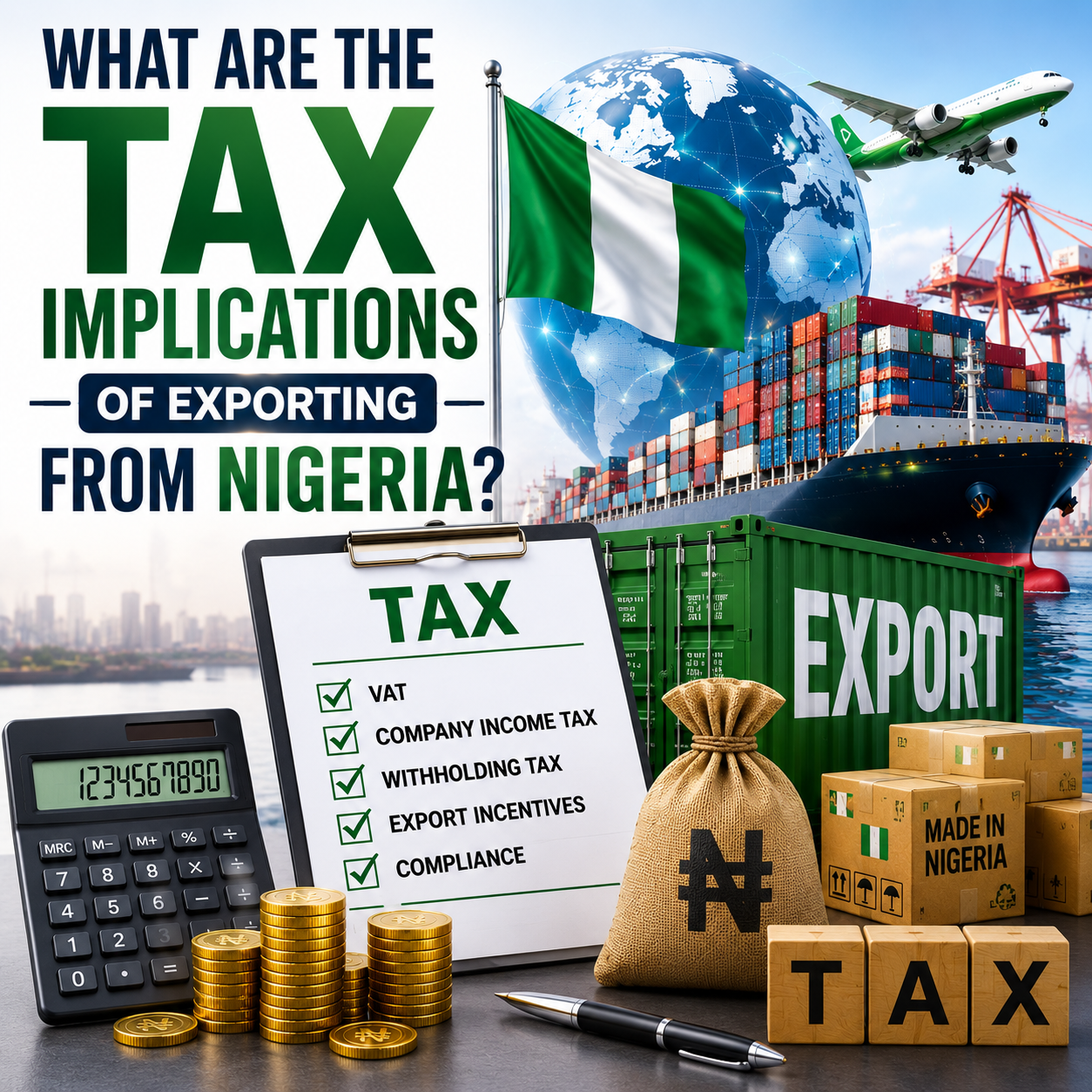 _banner featuring a tax checklist, calculator, Nigerian flag, export container, cargo ship, airplane, globe, stacked coins, naira money bag, and export packaging representing export taxes, compliance requirements, tax incentives, international trade regulations, and financial planning for Nigerian exporters._