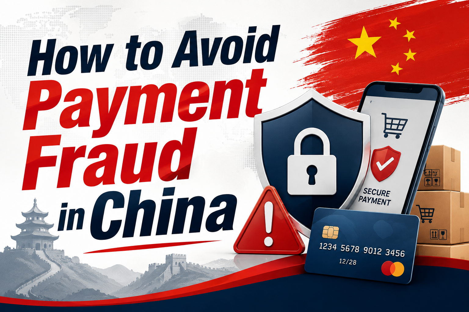 _How to Avoid Payment Fraud in China banner featuring secure payment symbols, a padlock shield, warning sign, Chinese flag, payment card, and shipping packages._
