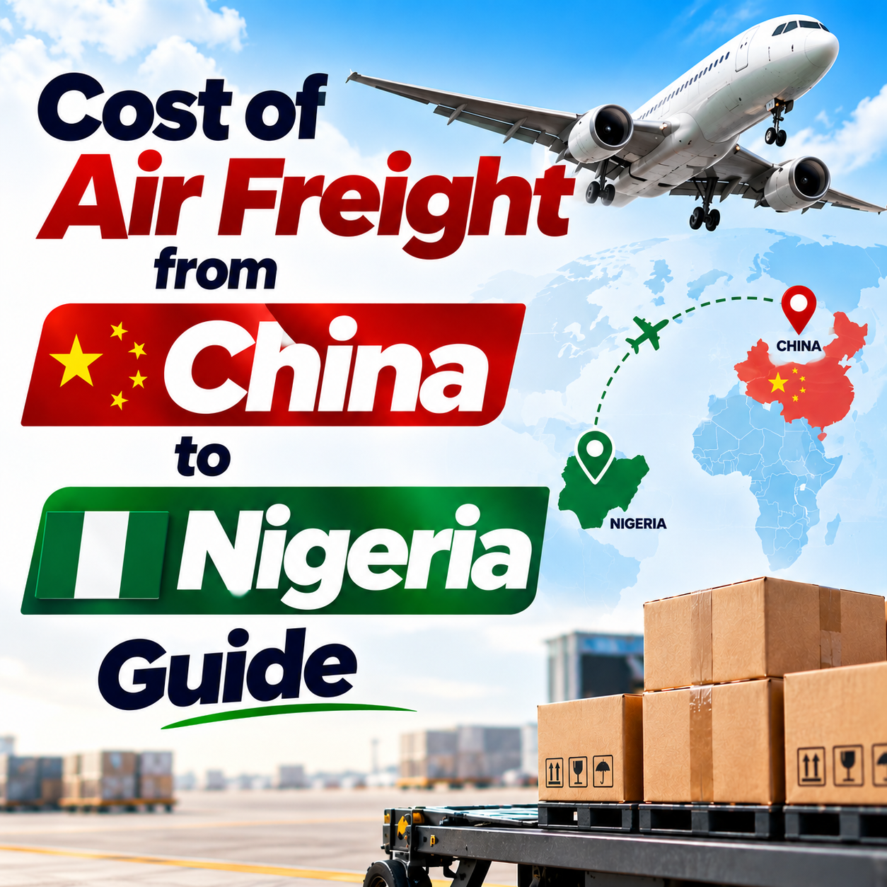 _Cost of Air Freight from China to Nigeria Guide banner featuring a cargo airplane, shipping cartons, China and Nigeria map locations, and an international air freight route._
