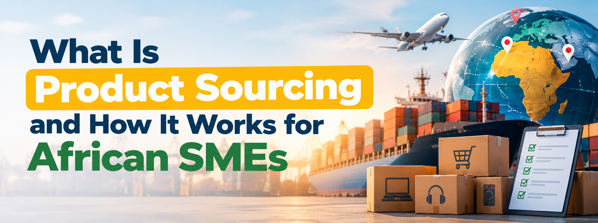 _What Is Product Sourcing and How It Works for African SMEs banner featuring cargo shipping, an airplane, product boxes, and a globe highlighting Africa._