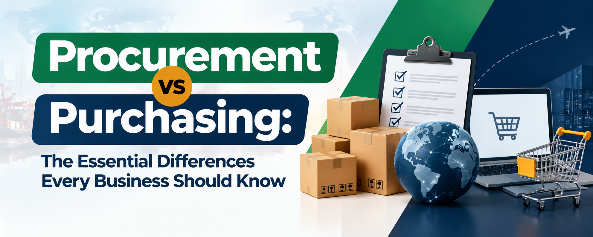 _Procurement vs Purchasing banner showing the essential differences every business should know, with shipping boxes, a procurement checklist, global trade icons, and an online purchasing cart._