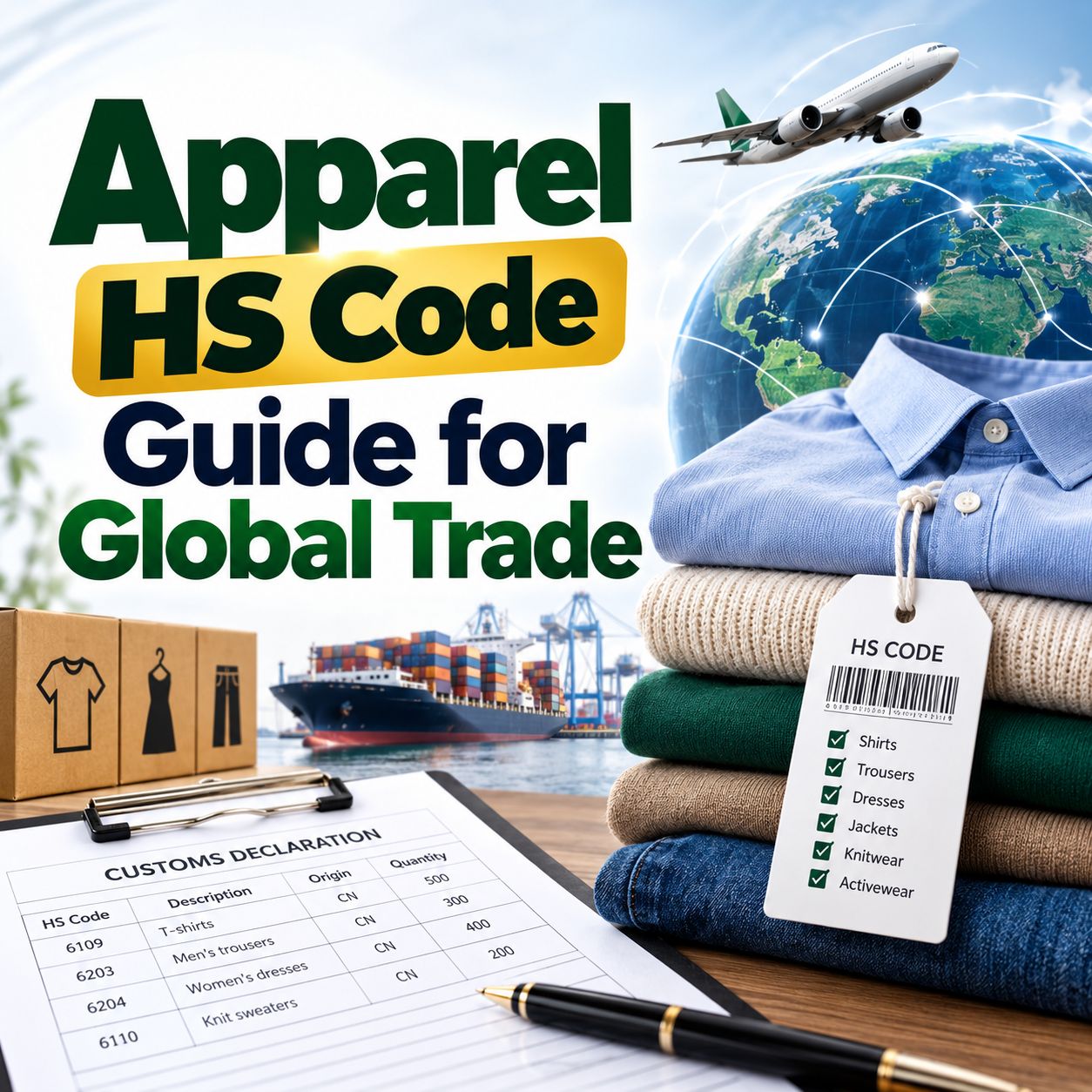_Apparel HS Code Guide for Global Trade featuring clothing, an HS code tag, customs declaration documents, cargo shipping, and international trade routes._